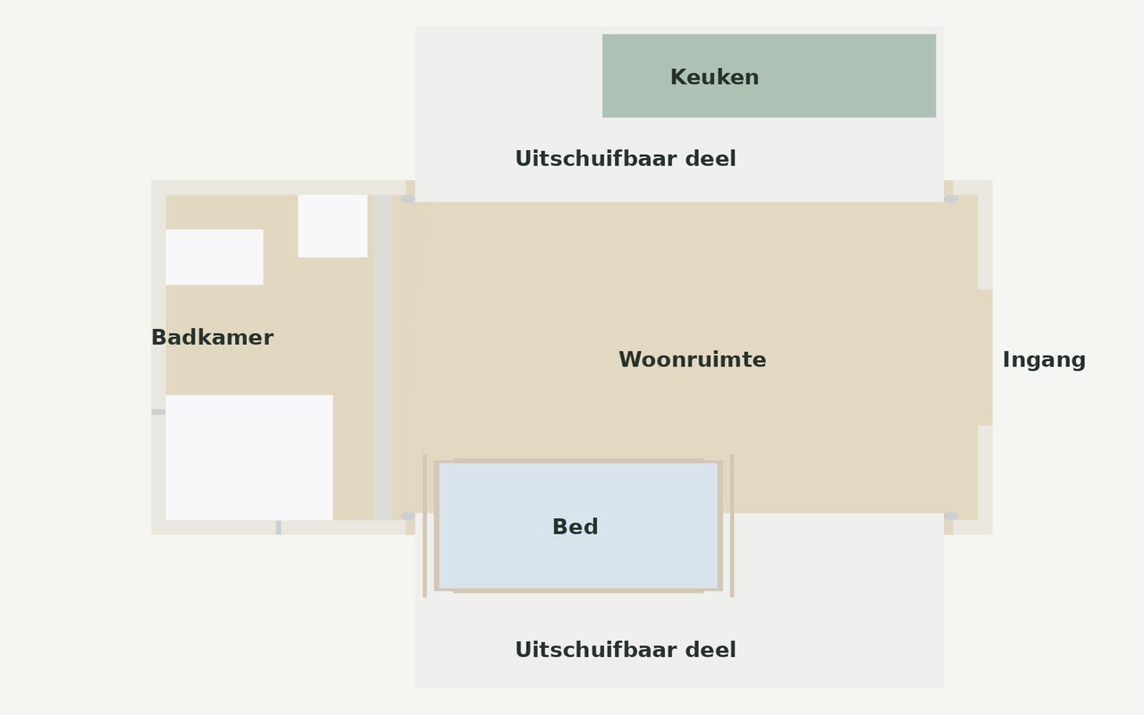 Plattegrond van het ontwerp met badkamer, woonruimte, keuken, bed en twee uitschuifbare delen