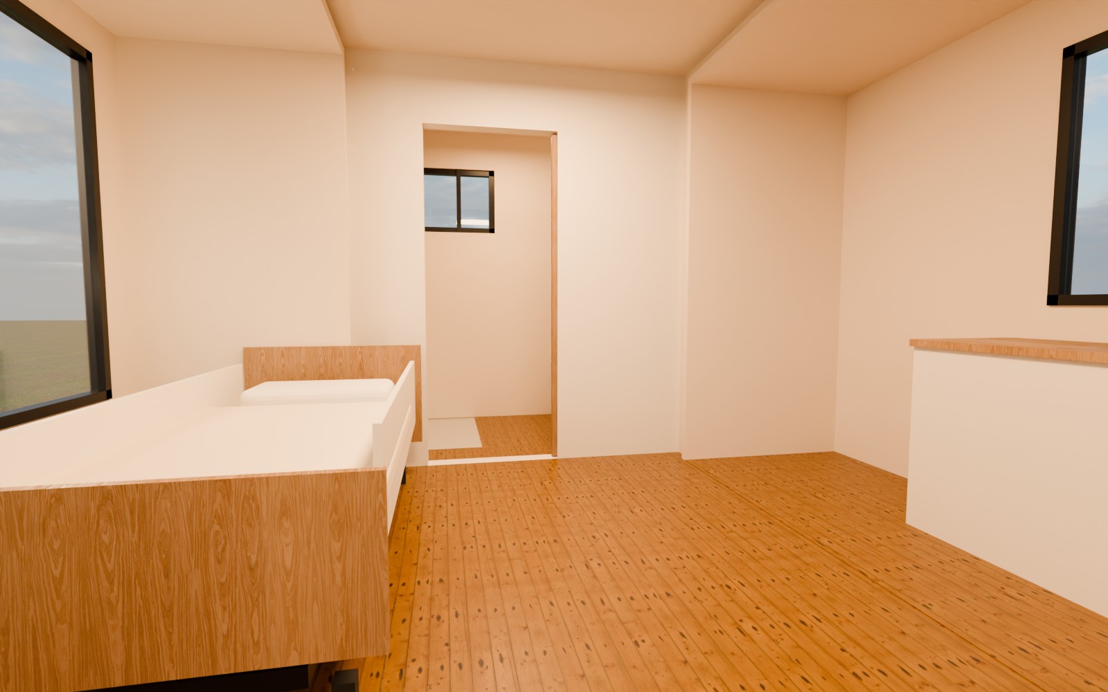 Interieur met bed, keuken en doorkijk naar de badkamer (impressie op basis van 3D-model)
