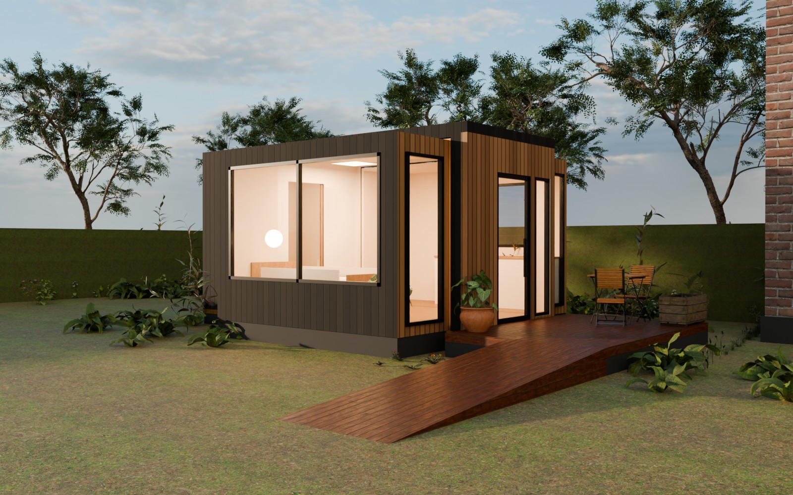 Mantelzorgunit in een tuin met uitgeschoven zijkanten, terras en oprit (impressie op basis van 3D-model)